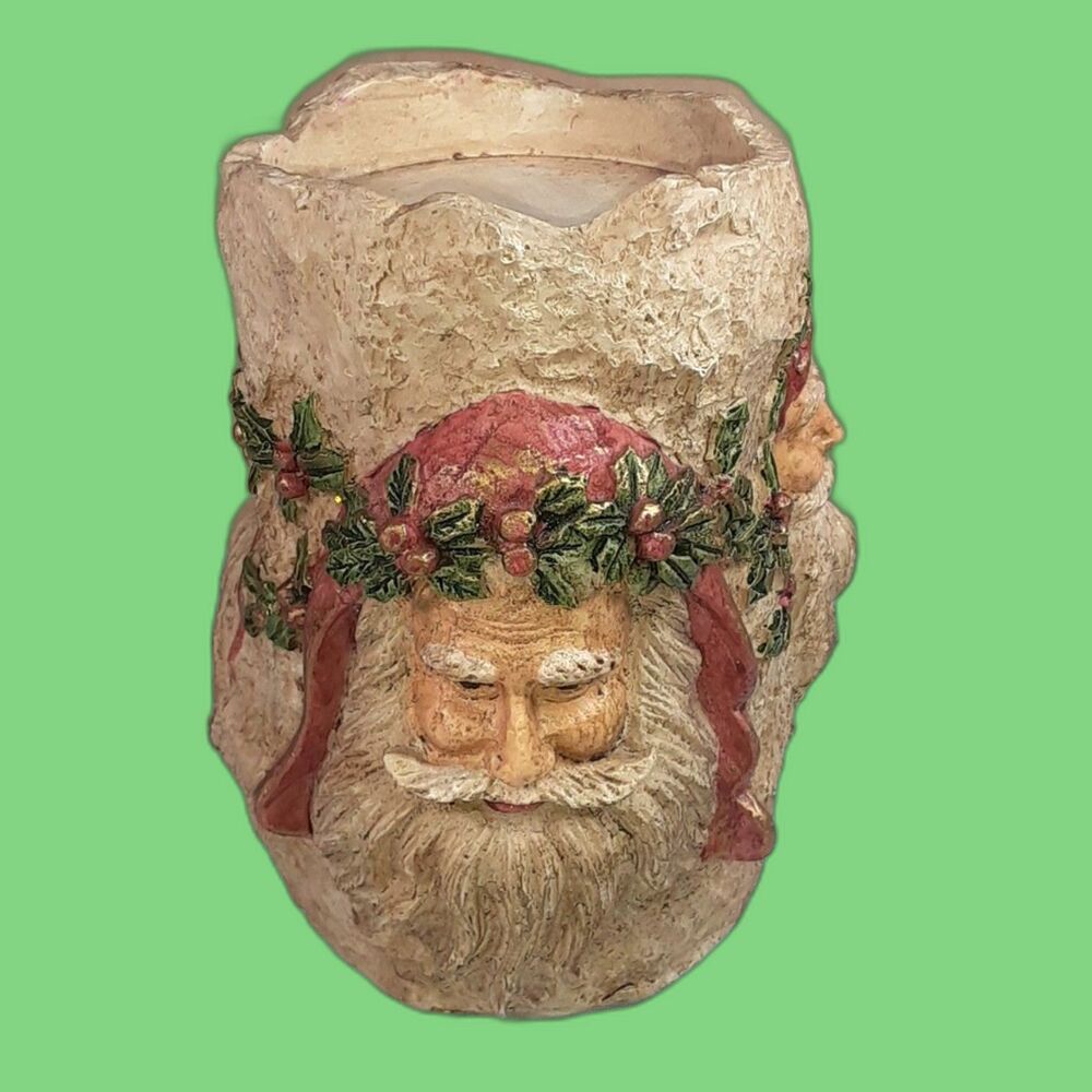Georgeous Old World Santa Candle Holder 3 Santa Faces Set In Candle Carved Look